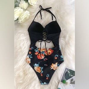 Floral Print Halter Tummy Control Lace up One Piece Swimsuit NWOT Size XS